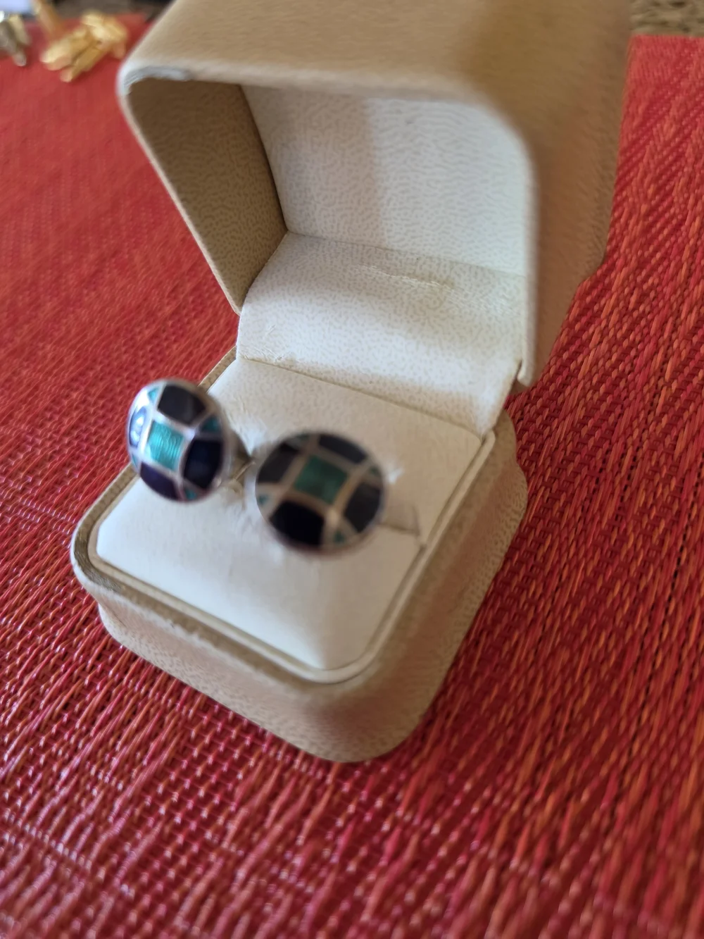 Silver Cufflinks with Green and Navy/Black Enamel - Modern Vibrant Vintage - EUC